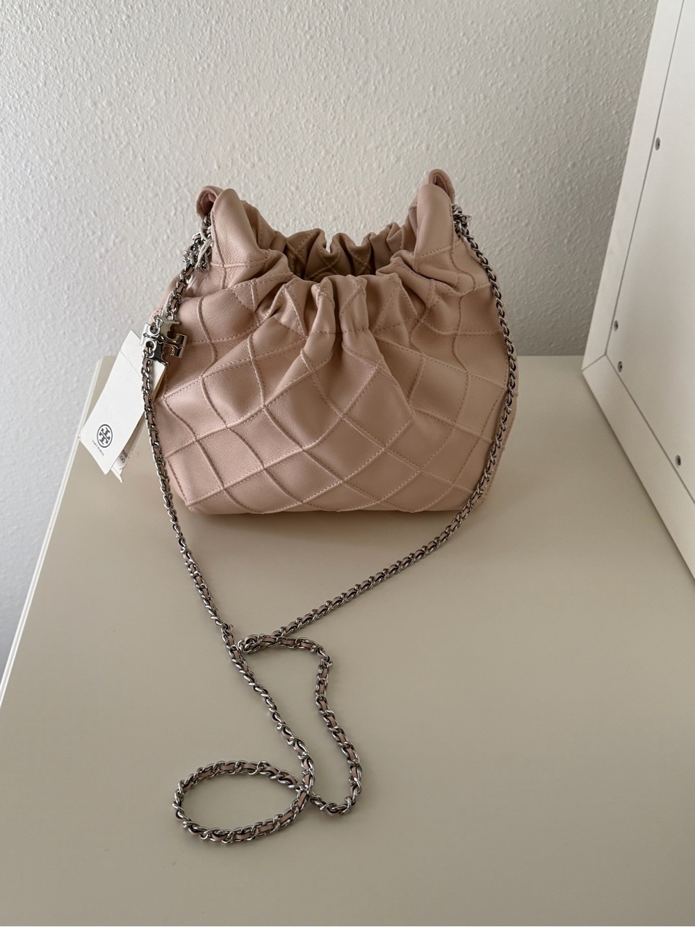 Tory Burch Mini Fleming Quilted Leather Hobo Bag.